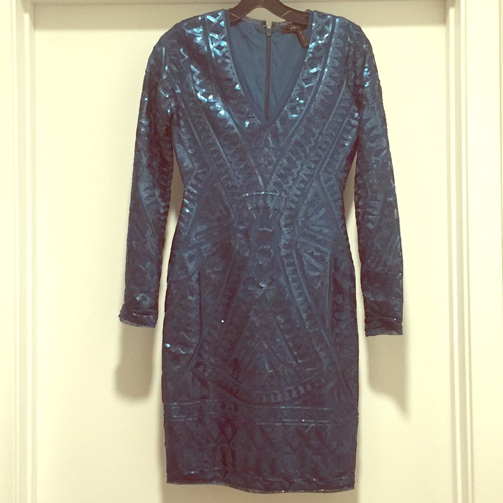 BCBG MaxAzaria Blue Long Sleeve Sequin Dress